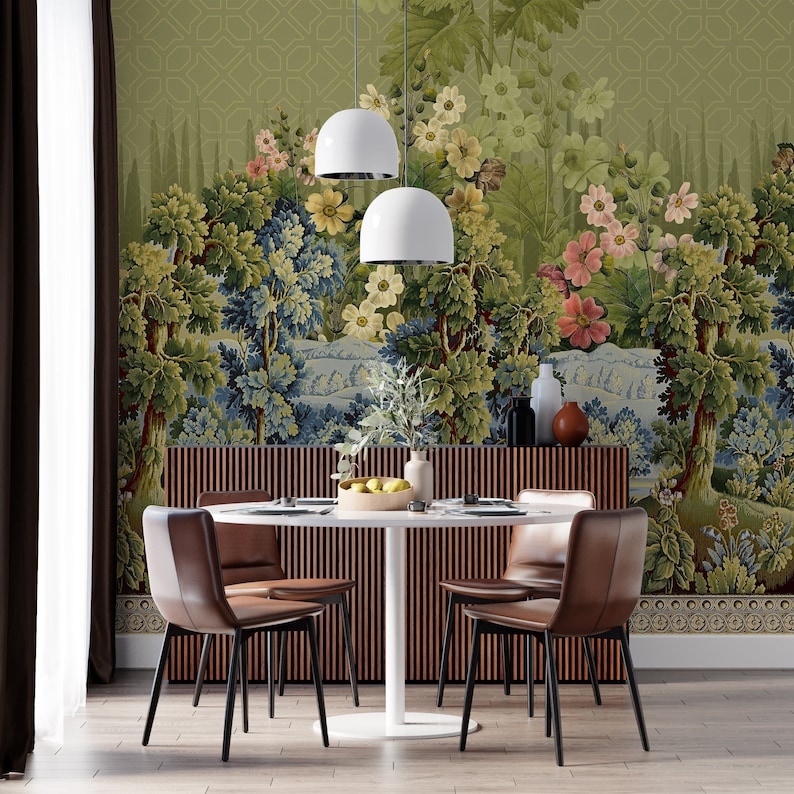 Exotic Forest Wallpaper Colorful Flowers Wallpaper Green Landscape Wall Mural Removable Wallpaper Floral Wall Mural Peel and Stick image 1