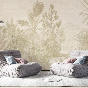 Retro Floral Wall Mural | Palm Trees Boho Wallpaper | Peel and Stick Wall Decor | Cream White Non-Woven Wall Art