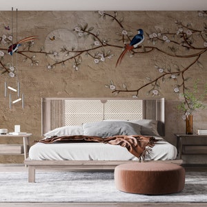 Chinoiserie Mural Wallpaper, Sakura Flowers Birds Vintage Background, Traditional Wallpaper, Eco-friendly, PVC-free Paper