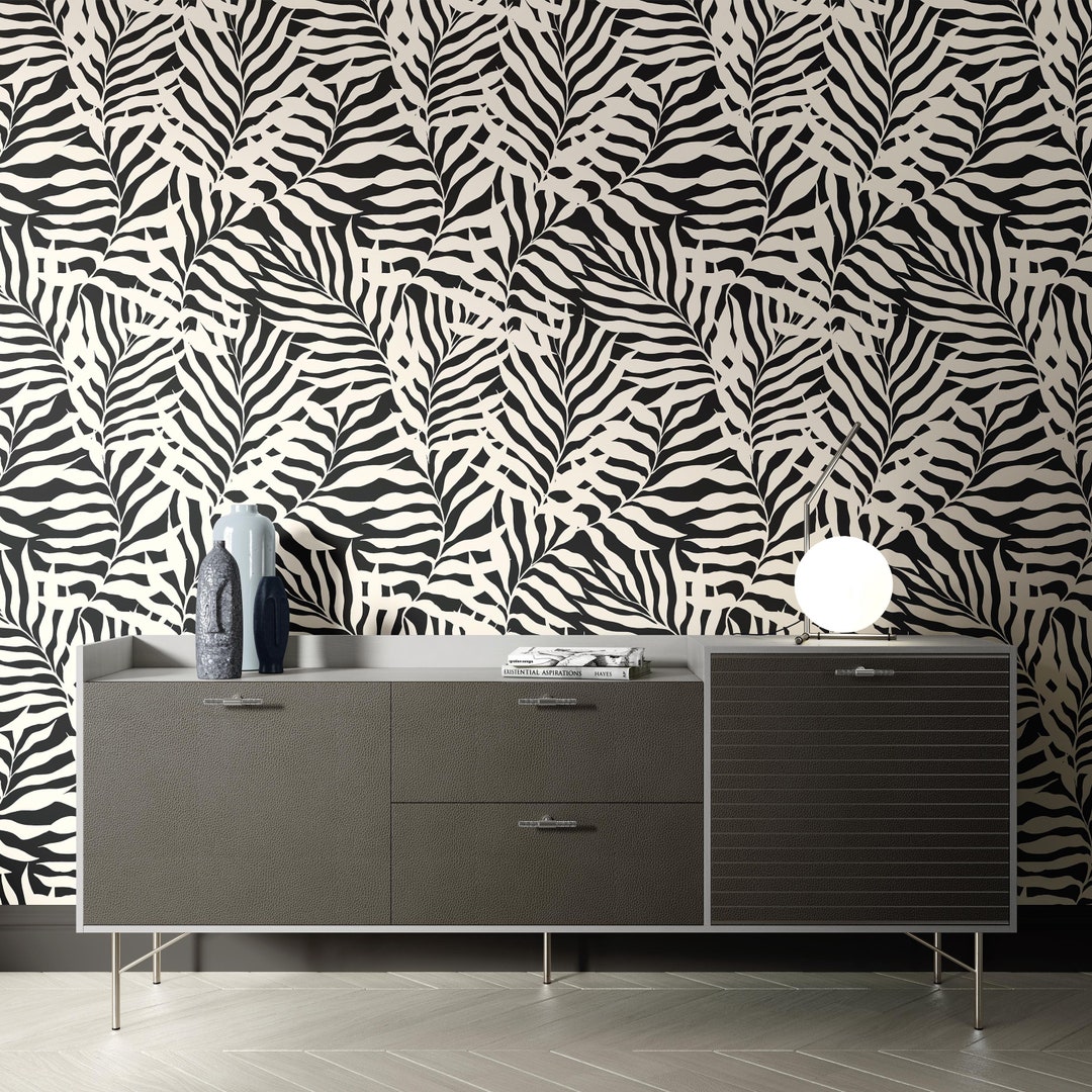 Black and White Tropical Leaf Wallpaper - Peel and Stick Accent Wall - Etsy