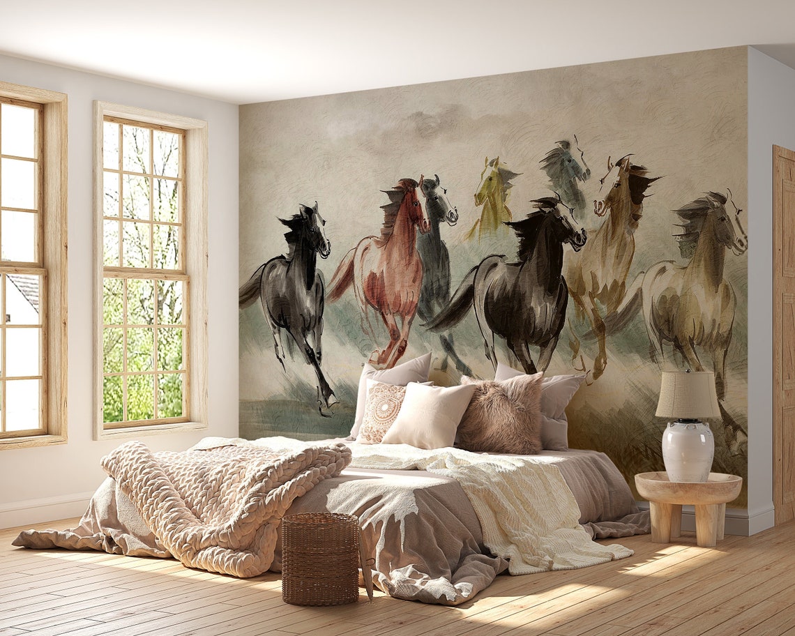 Running Horse Wallpaper Vintage Equestrian Wallpaper Peel - Etsy