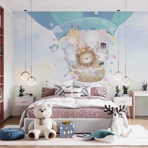 Hot Air Balloon Kids Wallpaper: Flying Animals Nursery Mural (Peel and Stick)