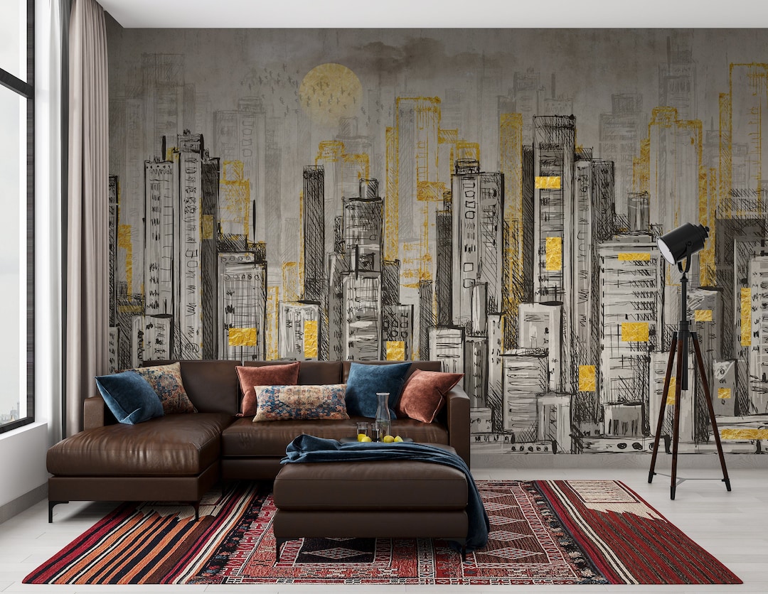City Wall Mural for Living Room | Hand Drawn Skyscraper Illustration ...