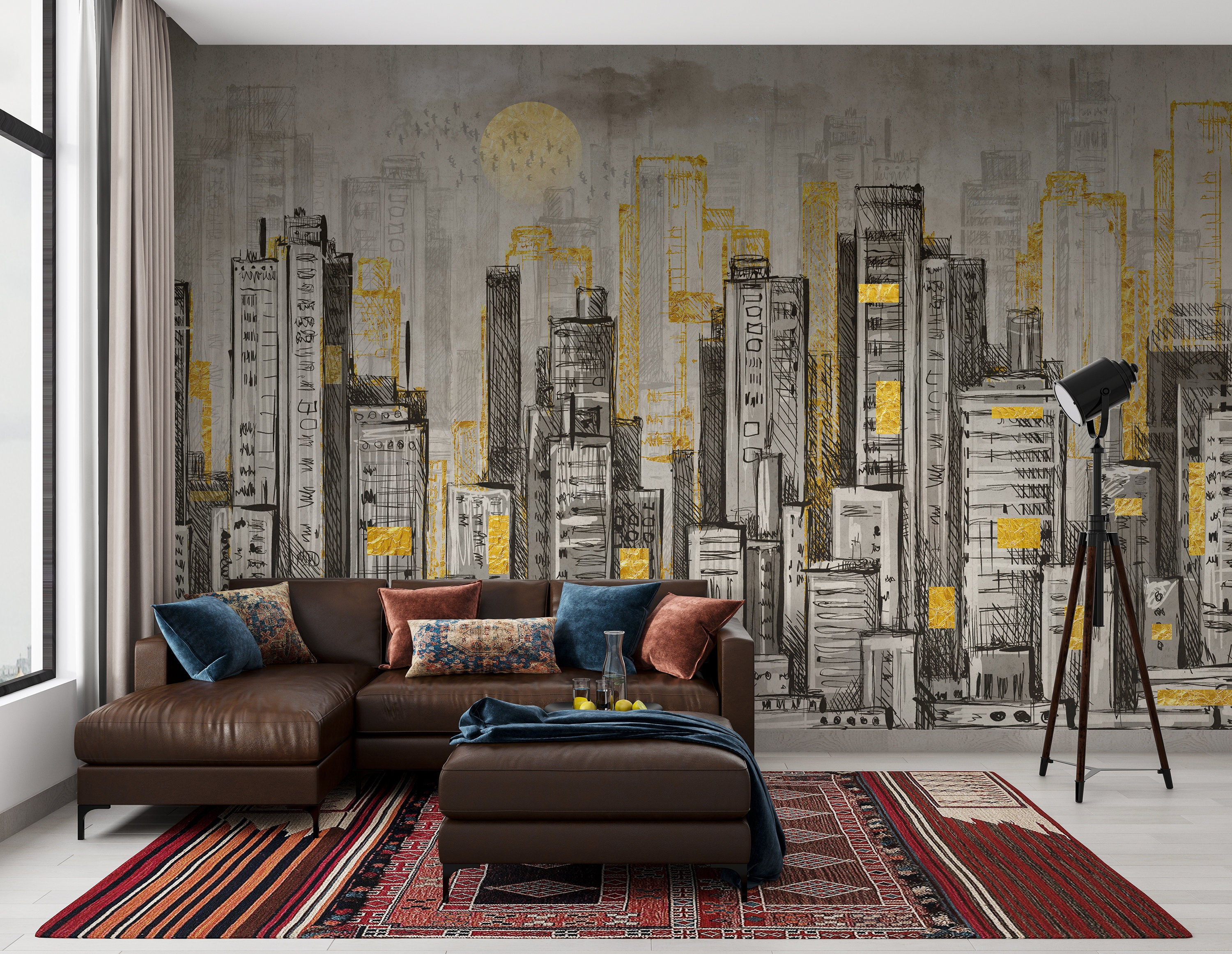 City Wall Mural for Living Room Hand Drawn Skyscraper Illustration Peel & Stick Wall Nonwoven ...