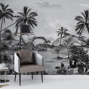 Black and White Jungle Wallpaper Rainforest | Removable Wallpaper Tropical | Landscape Wall Mural | Monochrome Wallpaper Peel and Stick