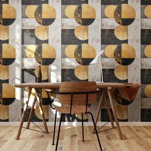 Modern Black and Gold Abstract Wallpaper, Organic Shapes Creative Art Peel and Stick Wall Mural, Geometric Removable Wallpaper