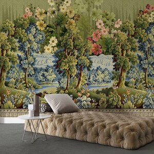 Exotic Forest Wallpaper Colorful Flowers Wallpaper Green Landscape Wall Mural Removable Wallpaper Floral Wall Mural Peel and Stick image 4