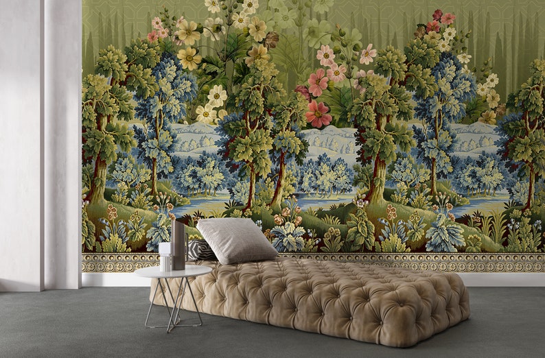 Exotic Forest Wallpaper Colorful Flowers Wallpaper Green Landscape Wall Mural Removable Wallpaper Floral Wall Mural Peel and Stick image 4