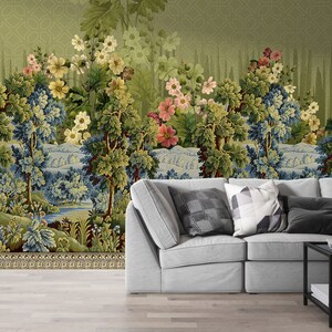 Exotic Forest Wallpaper Colorful Flowers Wallpaper Green Landscape Wall Mural Removable Wallpaper Floral Wall Mural Peel and Stick image 2