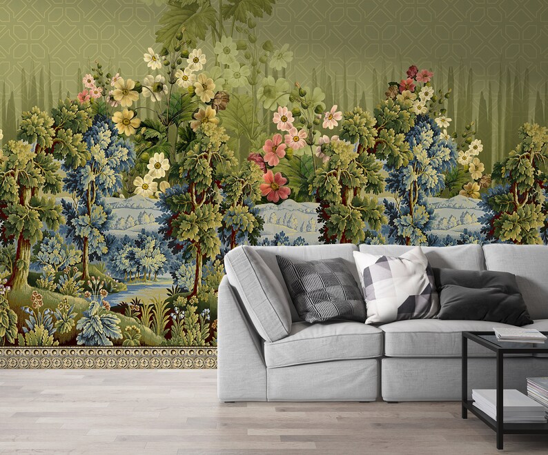 Exotic Forest Wallpaper Colorful Flowers Wallpaper Green Landscape Wall Mural Removable Wallpaper Floral Wall Mural Peel and Stick image 2