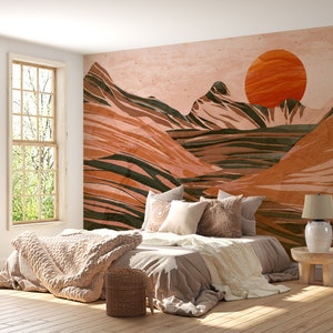 Boho Style Sun and Mountain Wallpaper, Removable Sunset Mural, Boho Wallpaper, Eco-friendly, PVC-free Wallpaper for Living Room and Bedroom