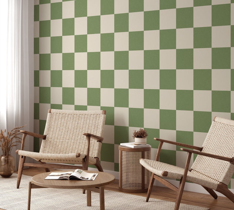 Large Checkered Green Wallpaper, Sage Green Self Adhesive Wallpaper