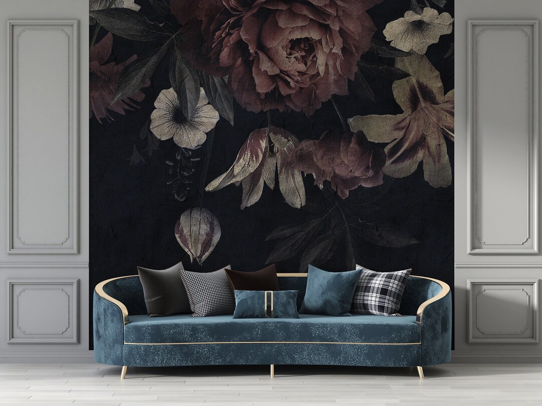 Dark Peony Floral Wallpaper Mural - Peel and Stick Nonwoven Wall Art - Etsy