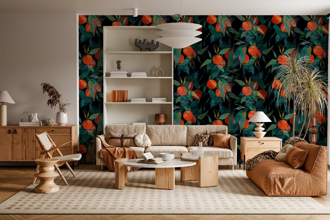 Dark Orange Tree Wallpaper, Oranges, Fruit Removable Wallpaper, Orange Blossom Wall Mural, Large