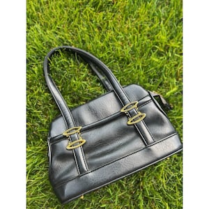 Vintage 70s Leather Satchel Bag Handbag Multi Section Shoulder Bag Black