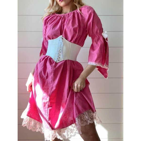 Vintage 1980s Hot Western Pink Cotton Blend Dress Handmade Costume Angel Wing Sleeve