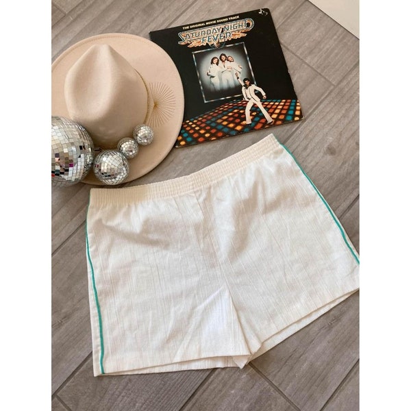 Men's 1970s Ivory Mini Hot Shorts with Bright Aqua Stripe Linen Style