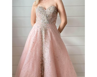 Pink Princess Strapless Beaded Rhinestone Fairy Ballgown 2000s Prom Dress