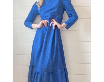 Vintage 1960s/1970s Denim Chambray Maxi Dress Handmade Little House on the Prairie Neutral Earthy Natural Style