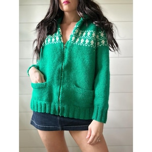 Vintage Cowichan Heavy Knit Cardigan Sweater Wool Kelly Green