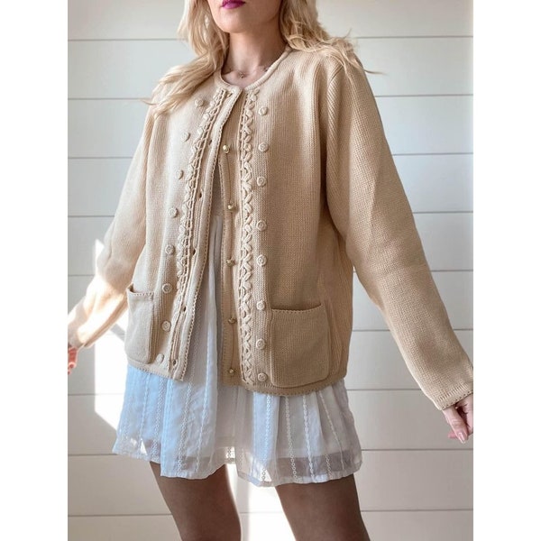 Vintage Crystal Kobe 1990s Neutral Beige Toned Knit Cardigan with Tags Braided Knit Style