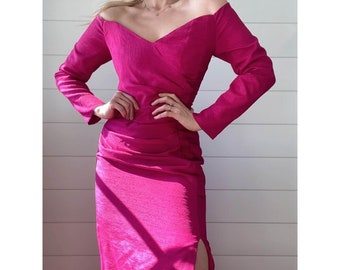 Vintage Hot Pink Fully Boned Maxi Dress Wounded Bird- Please Read Sold As Is