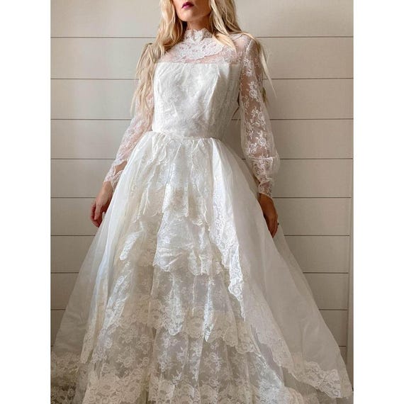 1970s Does 1950s Formal Cupcake Style Wedding Dress White Lace Ruffled Etsy