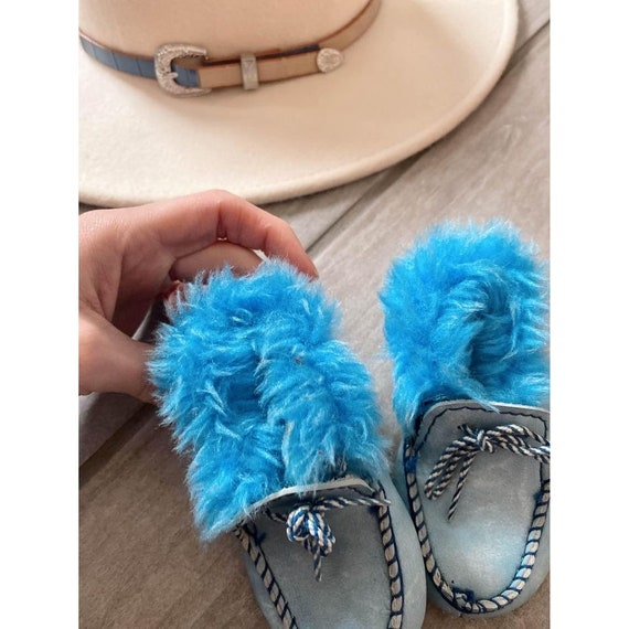 Vintage 1960s Leather Baby Moccasins Bright Blue … - image 8