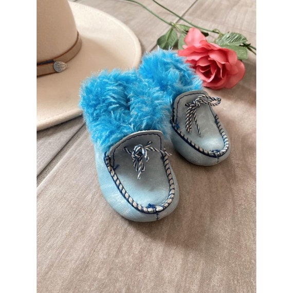 Vintage 1960s Leather Baby Moccasins Bright Blue … - image 2