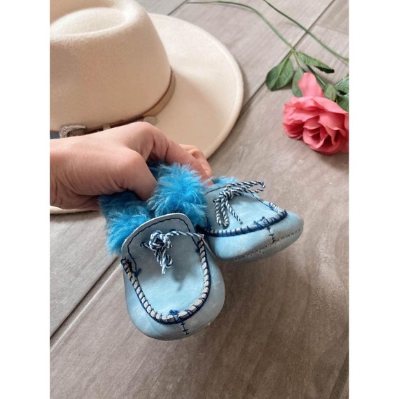 Vintage 1960s Leather Baby Moccasins Bright Blue … - image 3