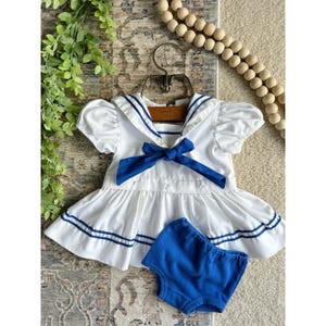 Vintage 12M Girls Nautical Sailor Collar Dress 12M With Blue Bottoms