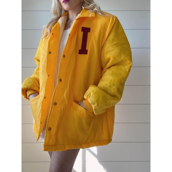 Vintage Bright Yellow Varsity Style Trophy Jacket Extra Large Classic Academia Sherpa Lined