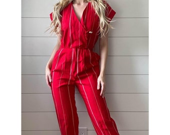 Jaren '80 Robijnrode Vintage Krijtstreep Jumpsuit van Scarlett