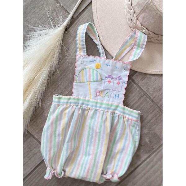 Vintage 1990s Pastel Baby Beach Scene Onesie Short One Piece