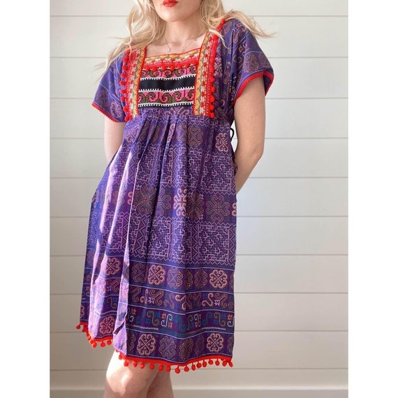 Ethnic Handmade Hmong Purple Printed Dress with R… - image 1