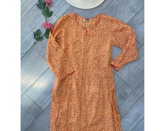 Vintage Fabindia Tunic Length Cotton Orange Floral Top Lightweight Cotton Floral Print