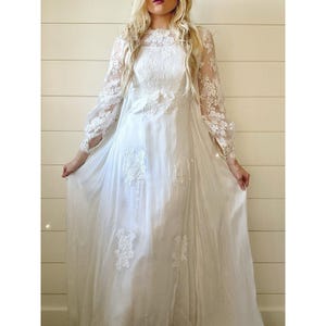 Vintage Caped Chiffon Bridal Gown 1970s Floral Lace Appliques