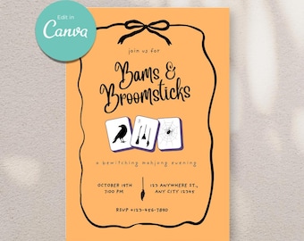 May include: An orange invitation card with black text and a black border. The text reads "Bams & Broomsticks" and includes details for a mahjong evening. The card features a crow, brooms, and a spiderweb.