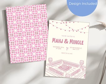 May include: Invitation card with a pink and white geometric pattern on the back. The front features the text "MAHJ & MINGLE" with event details and a Mahjong table illustration. The text "Front & Back Design Included" is also present.