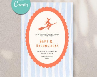 May include: A Halloween-themed invitation with a light blue and white striped background. An orange oval frame contains a witch on a broom, with text that reads "Join us for a Bewitching Mahjong Night" and "Bams & Broomsticks."