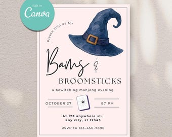 May include: A light pink invitation card with a watercolor illustration of a blue witch hat with a gold buckle. The text reads "Bangs & Broomsticks" and "a bewitching mahjong evening". Includes event details and "Edit in Canva" logo.