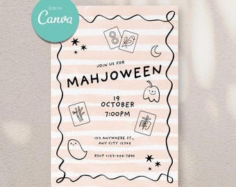 May include: A light pink and white striped invitation with the text "MAHJOWEEN" and event details. The invitation includes doodle-style illustrations of mahjong tiles, a pumpkin, a ghost, and stars. The Canva logo is in the upper left corner.