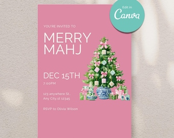 May include: Pink invitation card with text "MERRY MAHJ" and "DEC 15TH". A Christmas tree with pink bows and gift boxes is featured. The Canva logo is in the upper right corner. RSVP details are at the bottom.