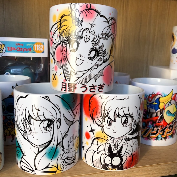 Mug 90’ anime manga Sailormoon , Ranma 1/2, Lamu, Luna et Artemis. Vendu à l’unité. Ou dans un lot de 3.