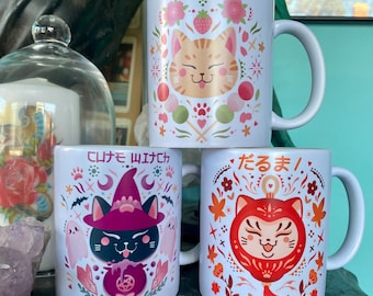 Mug chat kawaii : Witch, Dango, Daruma . Vendu à l’unité . Ou dans un lot de 3.