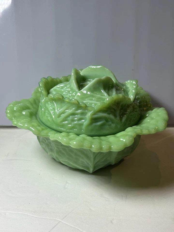 Martha Stewart by Mail Jadeite Glass Cabbage Leaf Covered Dish Bowl Jadite