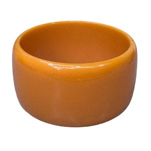 May include: A round, orange bangle bracelet. The bracelet is a solid color with a glossy finish. The shape is a thick band with rounded edges. The bracelet is a warm, earthy tone.