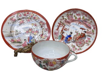 Handgeschilderde Japanse porseleinen theekop schotel lunchbord set geisha ware