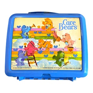 Vintage 1980s Care Bears Aladdin Blue Lunchbox z termosem dla dzieci kolekcjonerskie PRZECZYTAJ