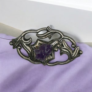 Art Deco Vintage Sterling Silver Brooch Carved Rose Amethyst Large Statement